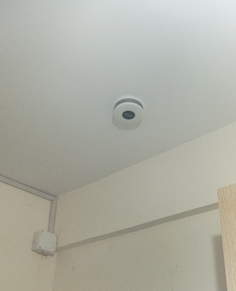 Techo con detector de humo y caja eléctrica empotrada en la pared.