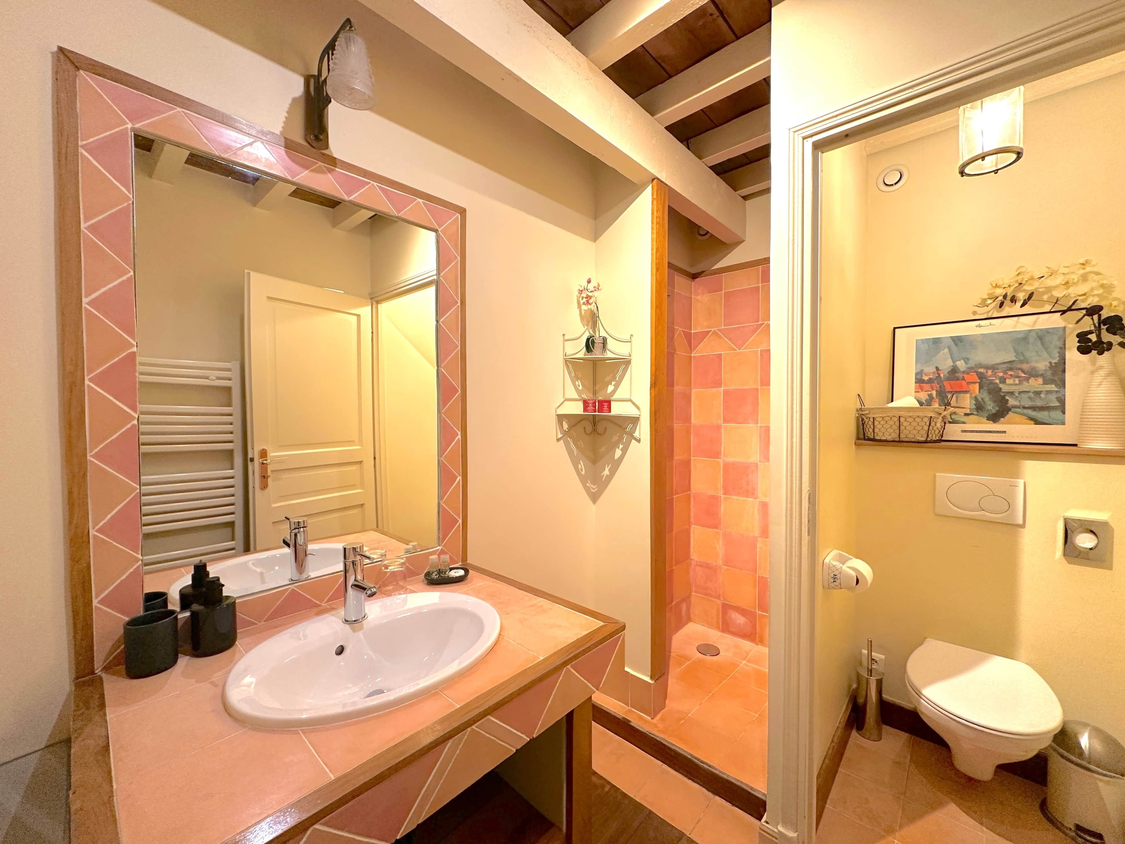 A bathroom with a sink, mirror, shower, toilet, and a framed picture on the wall.