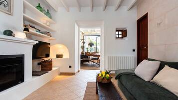 Una televisión, una chimenea