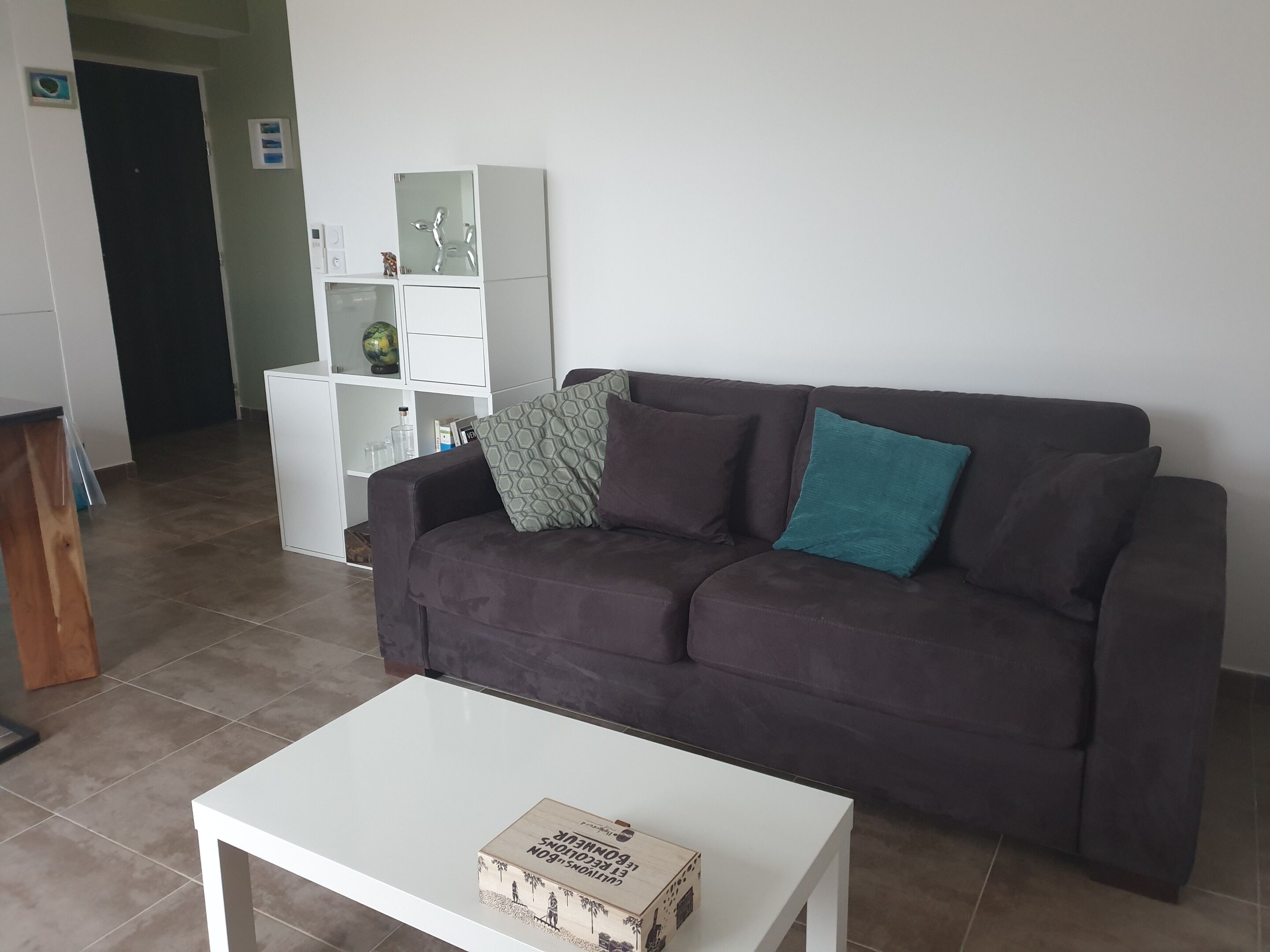 A living room with a dark brown sofa, a white coffee table, and a white cabinet with glass doors.