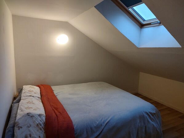 Une petite chambre avec un lit simple, un plafond en pente et un puits de lumière.