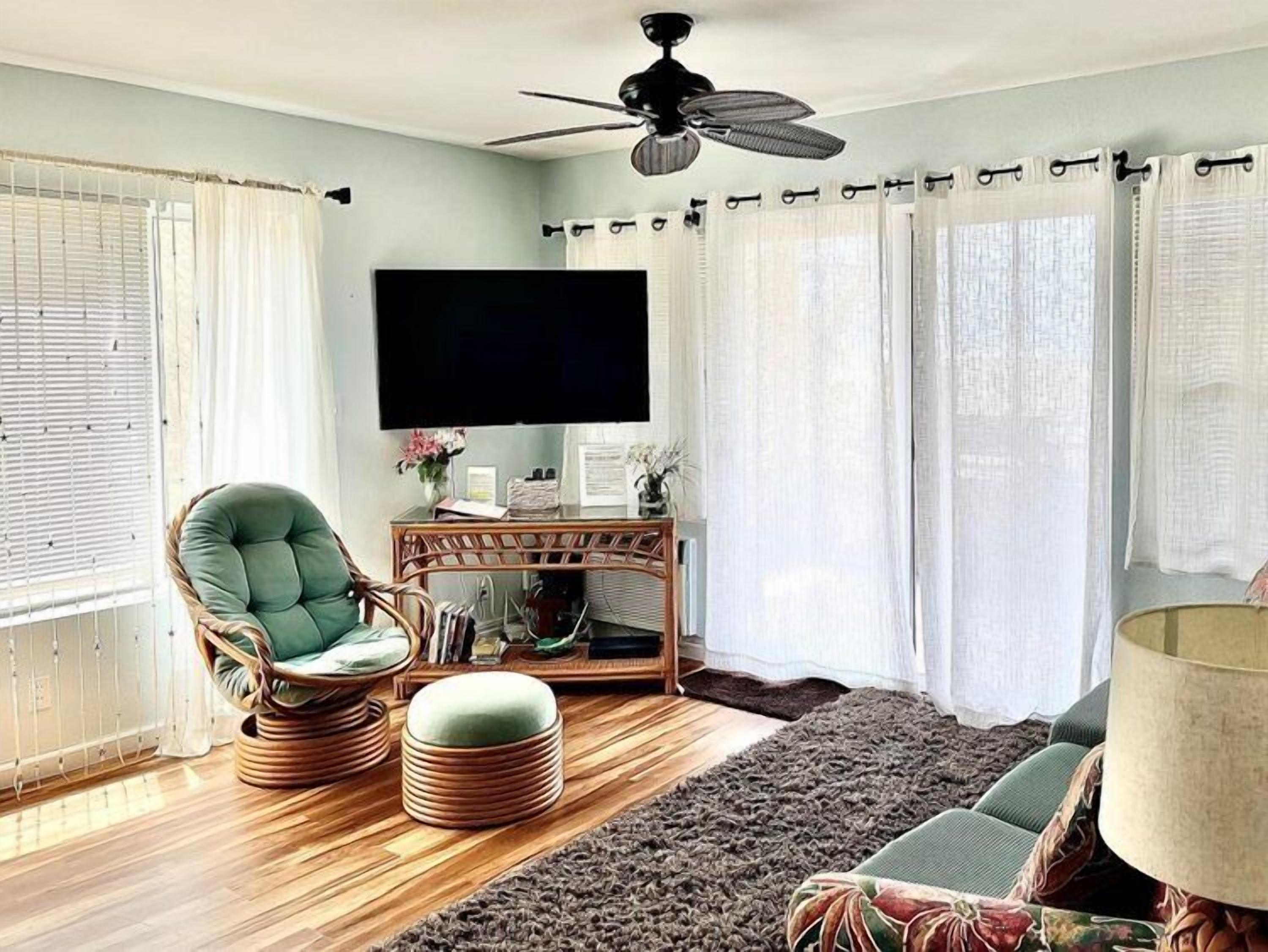 Een woonkamer met een groene fauteuil, een houten salontafel, een flatscreen televisie en een plafondventilator.
