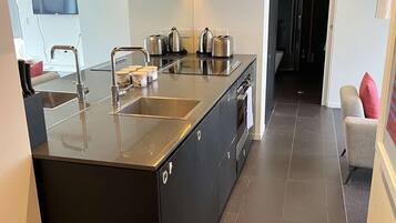 Frigorífico, microondas, horno y placa de cocina