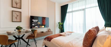 Premium bedding, down comforters, memory foam beds, in-room safe