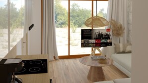 Un salon moderne doté d’une grande fenêtre, d’un coin cuisine avec une cuisinière et d’un téléviseur fixé au mur diffusant une émission de Netflix.