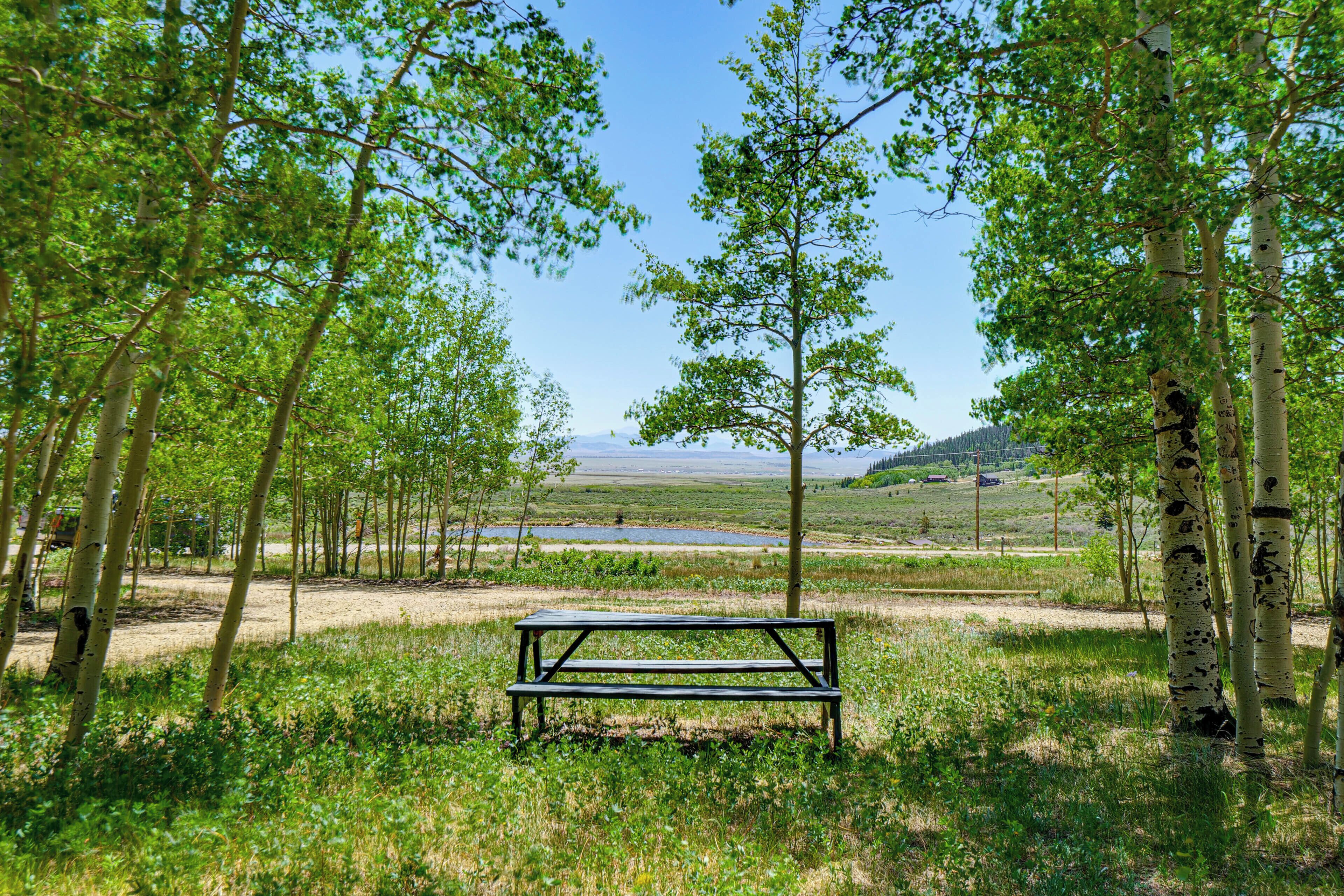 Ein Park mit einer Bank, Bäumen und einer entfernten Aussicht auf ein Gewässer und Berge.
