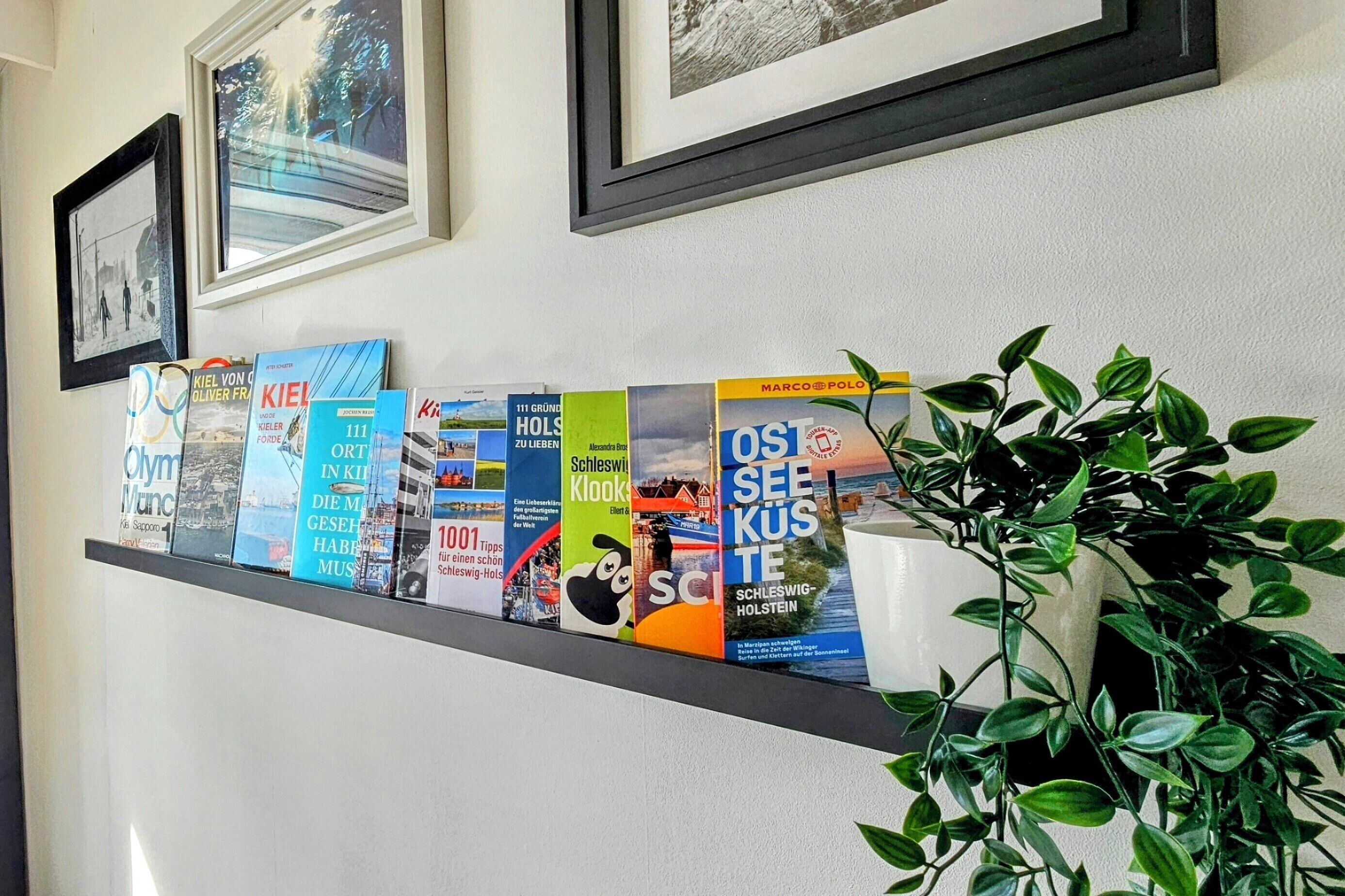 Ein Regal mit Reisebüchern und gerahmten Fotografien an einer Wand.