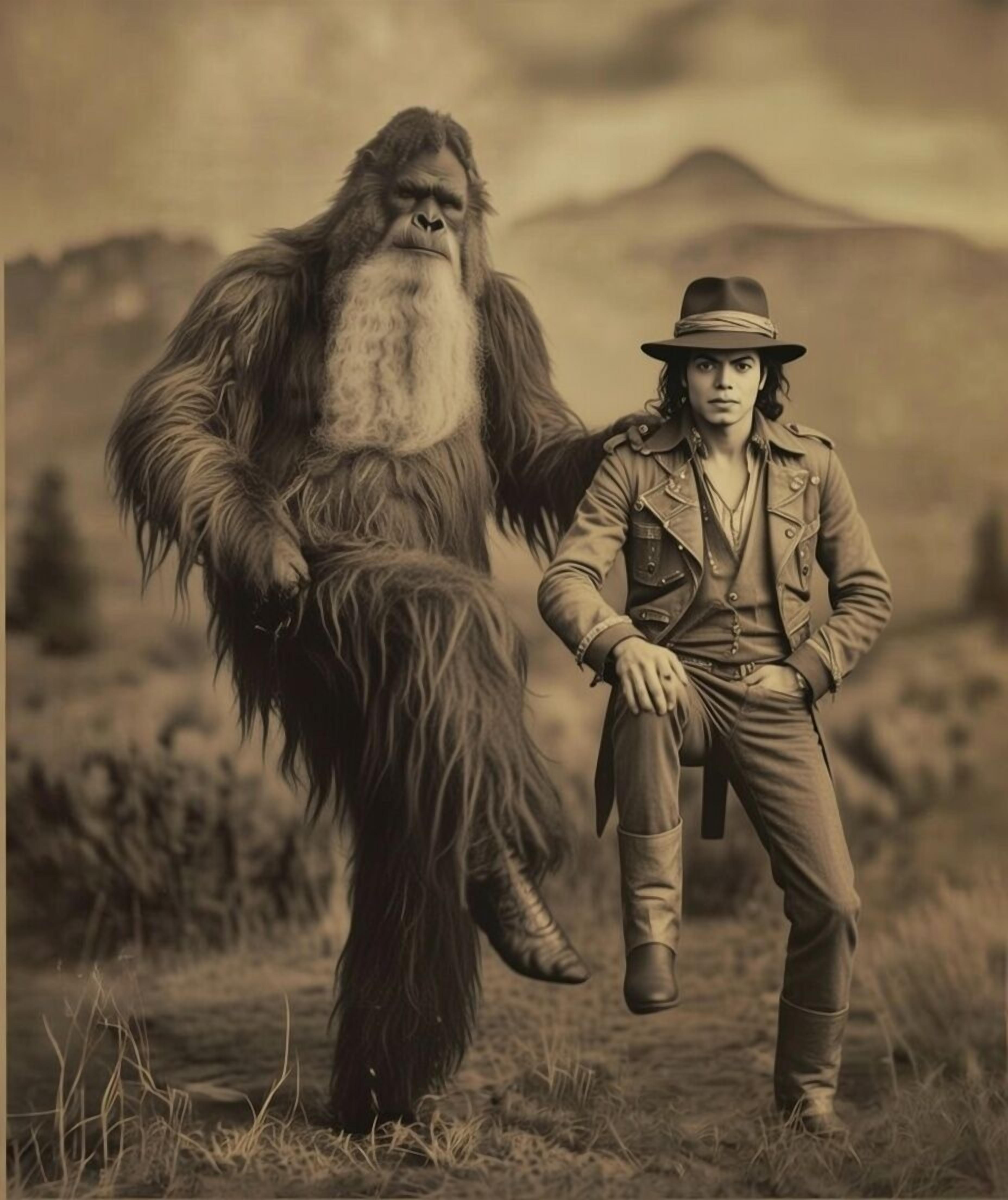 Uma pessoa vestida com roupa de estilo militar sentada ao lado de uma criatura grande e peluda em uma paisagem natural com montanhas ao fundo.
