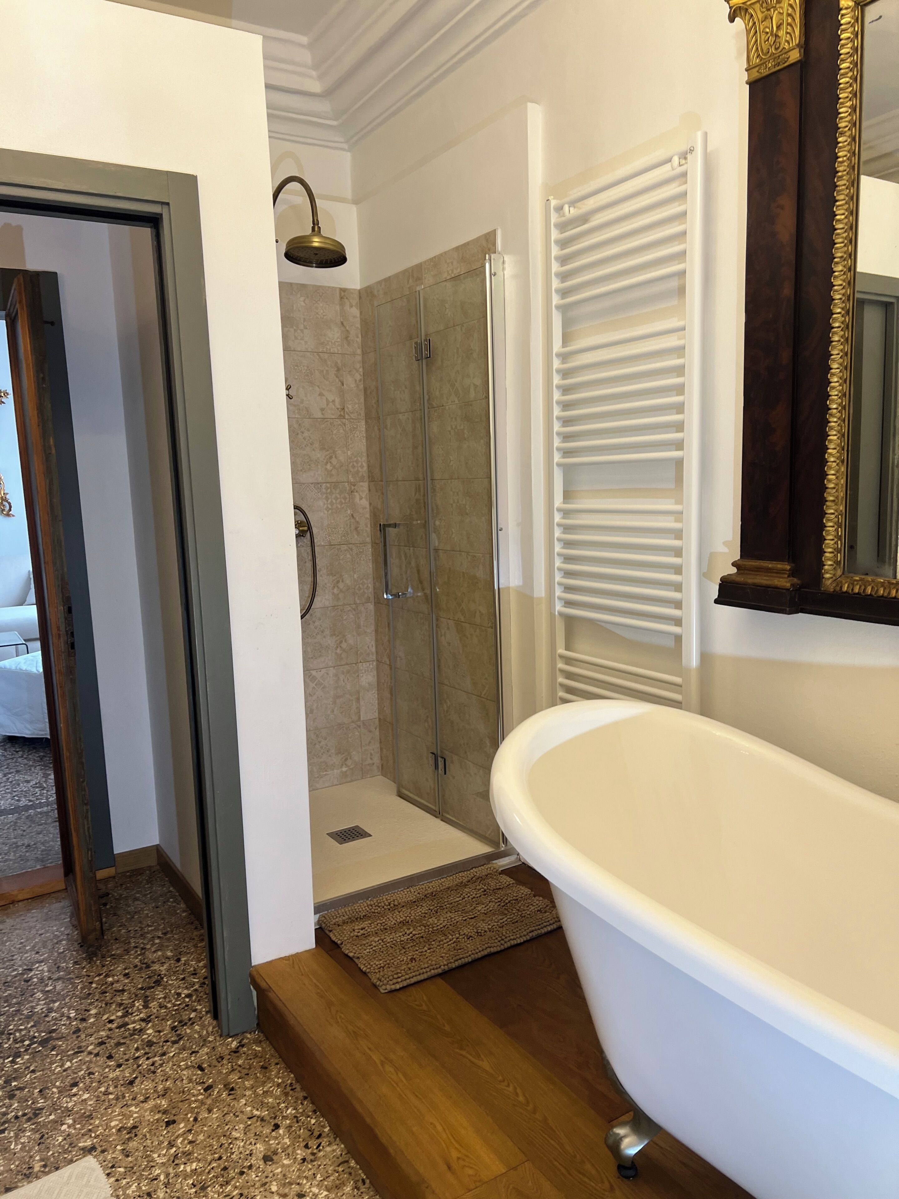Shower, hair dryer, bidet, towels
