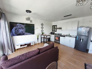 A modern living room with a large flat-screen TV, a sofa, a dining area with a table and chairs, a kitchen with white cabinets and appliances, and a decorative ceiling light. - Apartment Brisa Del Mar Punta Cana (Punta Cana)
