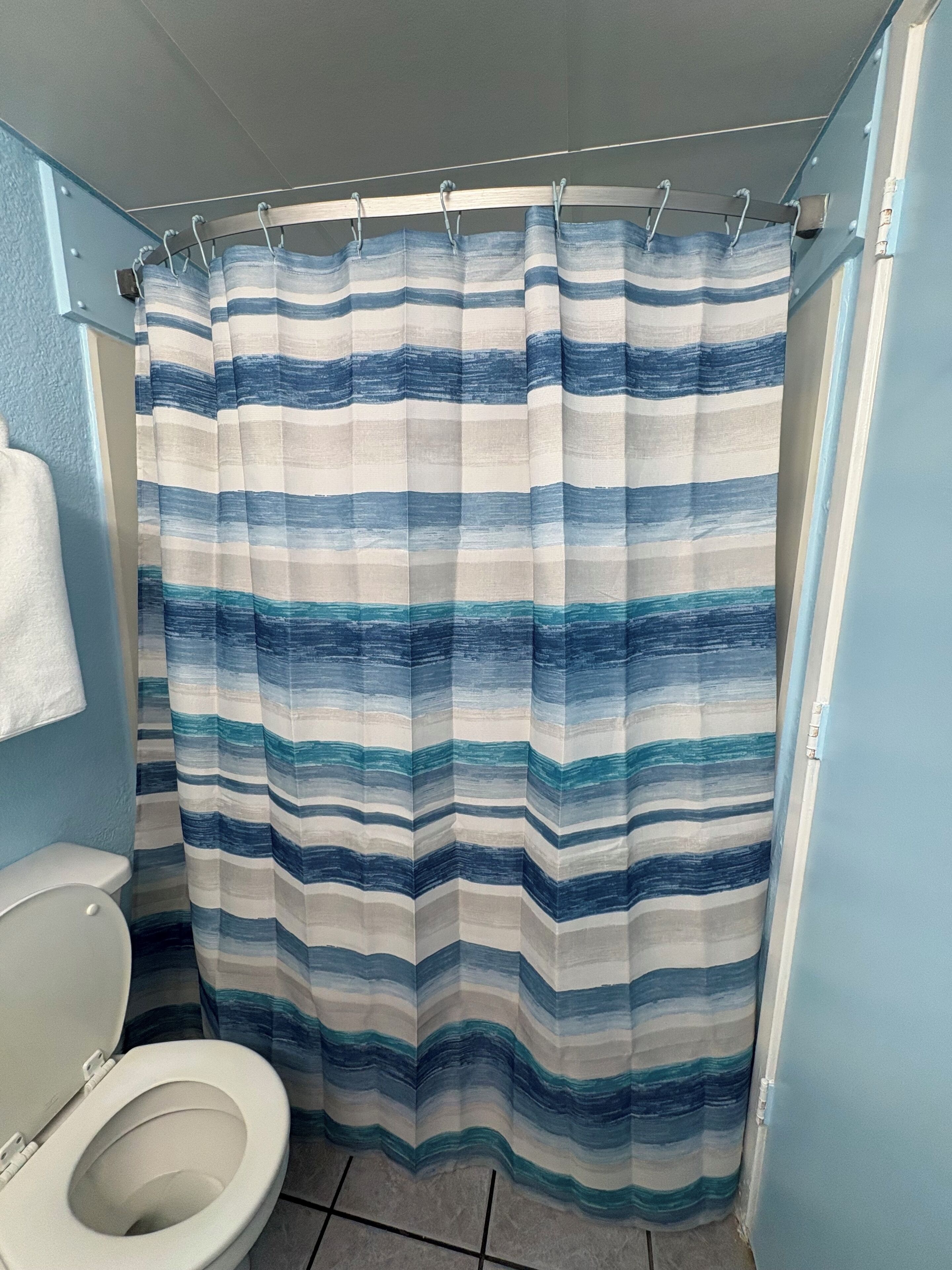 Hair dryer, towels, soap, toilet paper