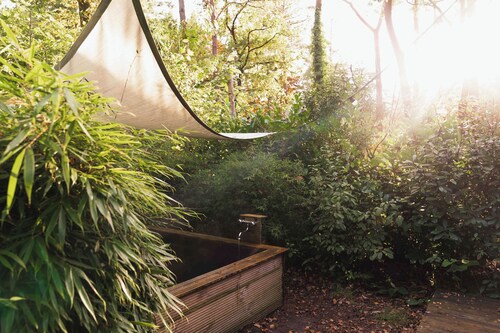 Wellness Hottub Tiny House located in the forest at the Veluwe, close to lake