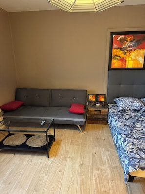 A modern living room with a grey sofa, a wooden coffee table, a blue floral bedspread, and a painting on the wall. - Fully equipped studio  (Mulhouse)