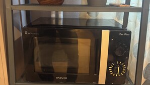Una cucina con un forno a microonde, una ciotola di legno, una pianta in vaso e un cactus.