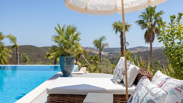 Eine Poollounge mit Blick auf Hügel, eine große Kübelpflanze und ein Korbsessel mit Kissen.