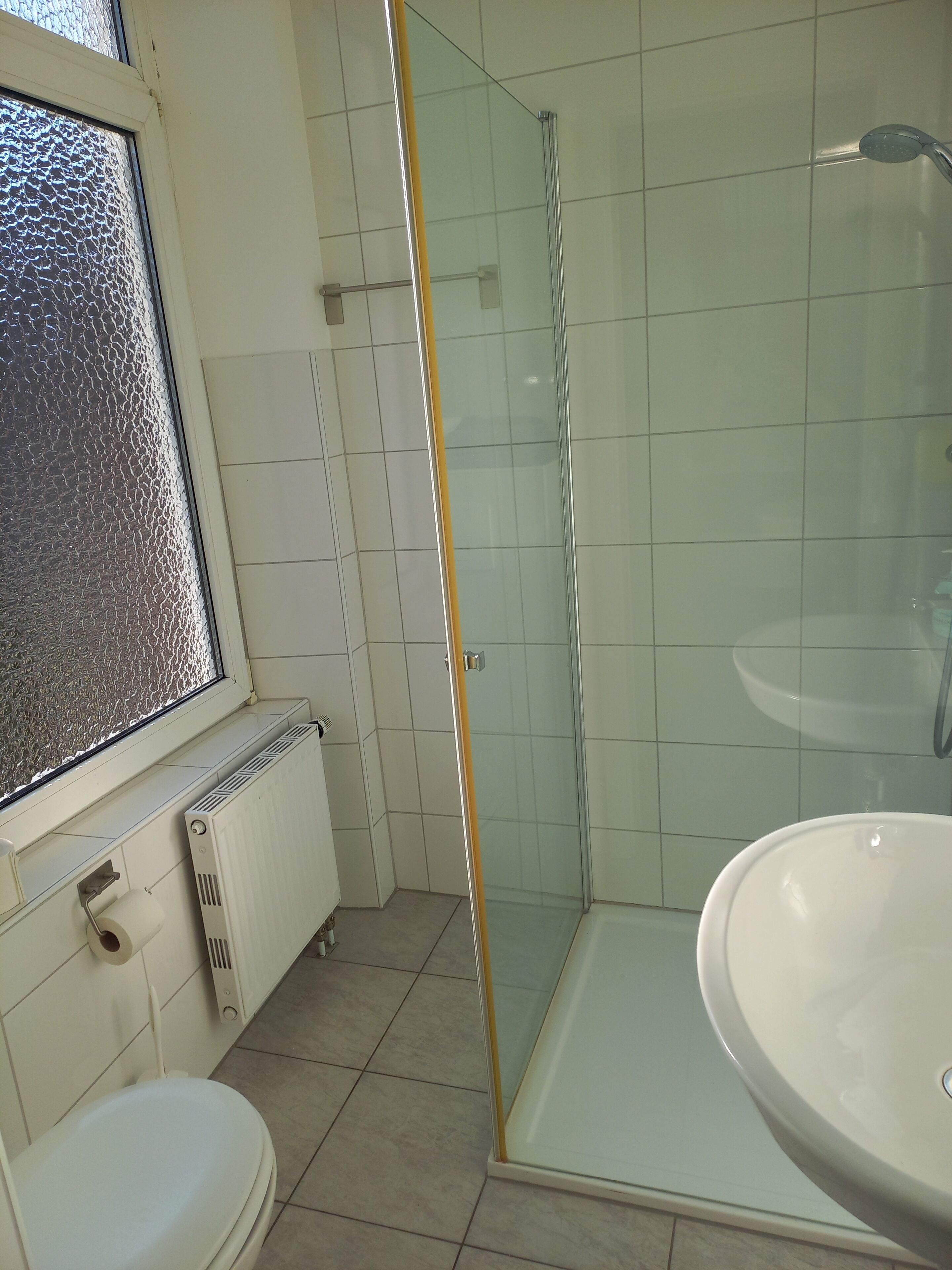 Ein Badezimmer mit Duschkabine, Toilette und Waschbecken.