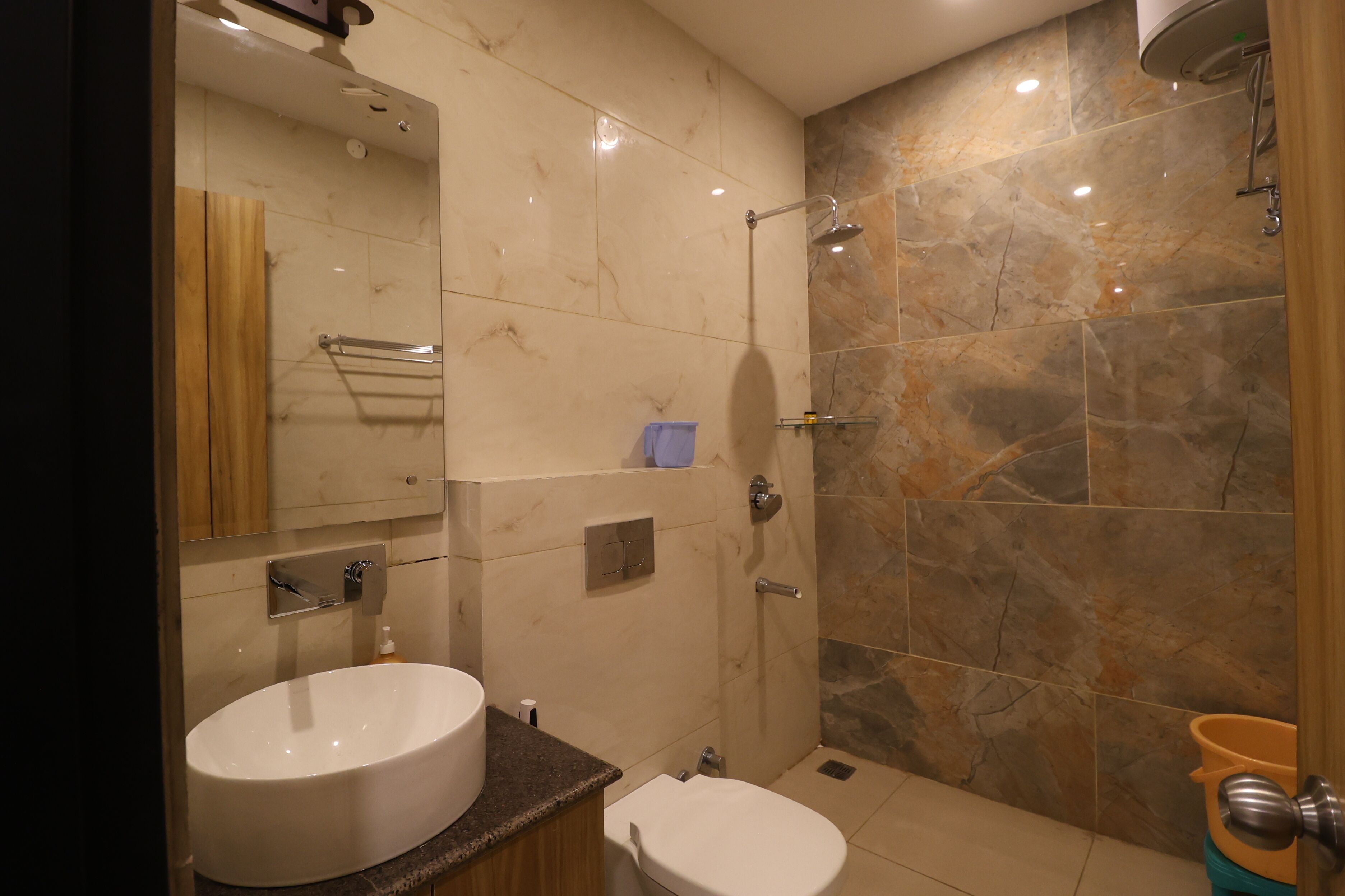 Shower, free toiletries, towels, soap