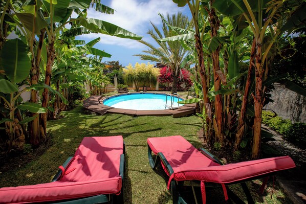 A backyard with a swimming pool, two red lounge chairs, and lush tropical plants. - Amazing Apartment with Private Pool and Great Ocean View! (Funchal)