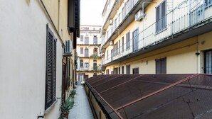 Un callejón estrecho flanqueado por edificios con balcones, plantas en macetas y una estructura cubierta con malla.