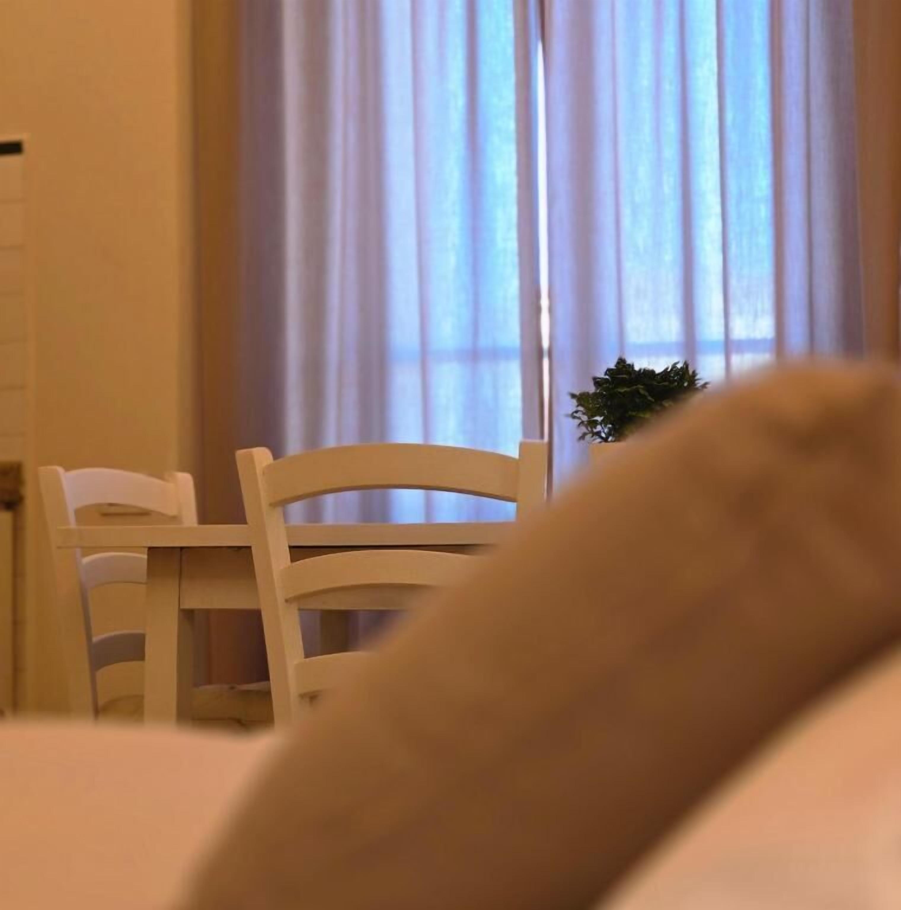 Une pièce comprenant une table à manger et des chaises, une fenêtre avec des rideaux et une petite plante posée sur le rebord de la fenêtre.
