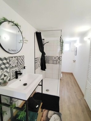 Douche, sèche-cheveux, serviettes fournies, papier toilette