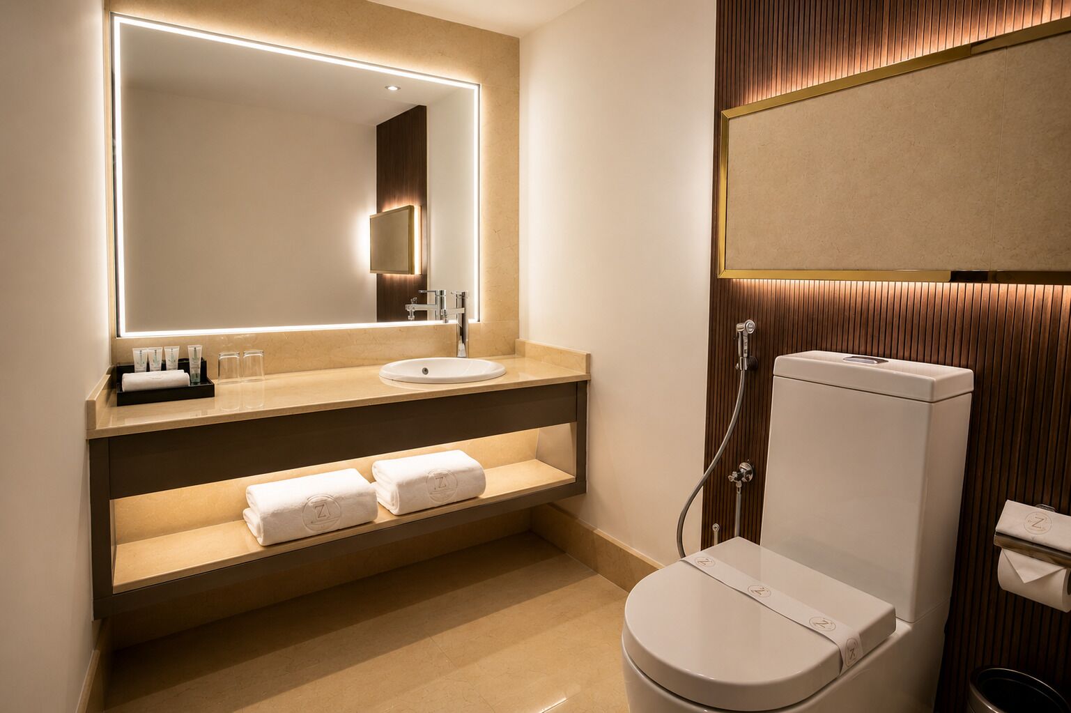 A modern bathroom with a large mirror, a sink, a toilet, and a shower area.