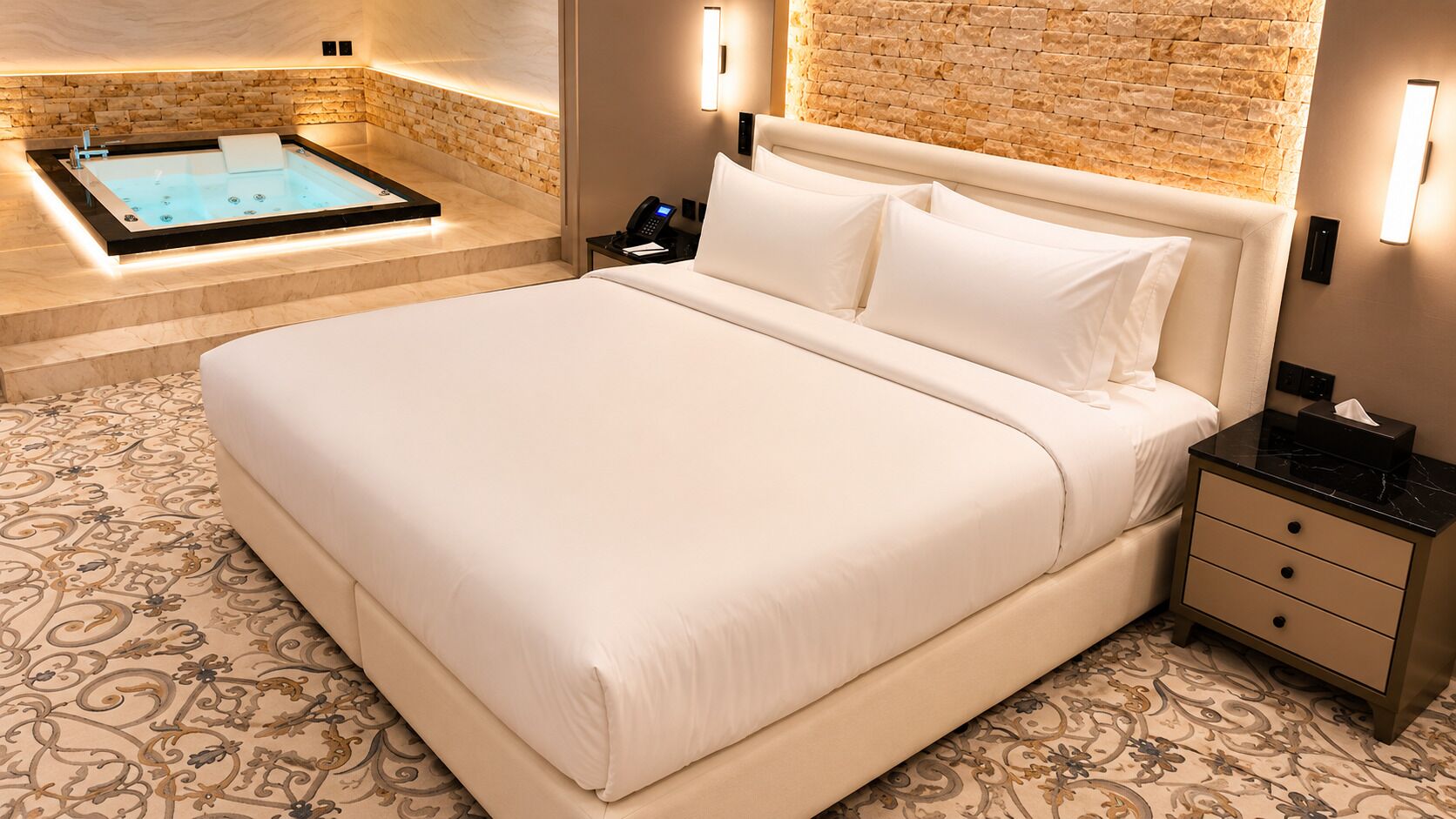 Ein Hotelzimmer mit einem großen Bett, einem kleinen Nachttisch, einem Telefon und einer Wandleuchte.