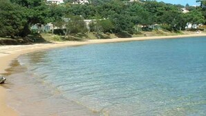 Uma praia com águas cristalinas, areal arenoso e árvores ao fundo.