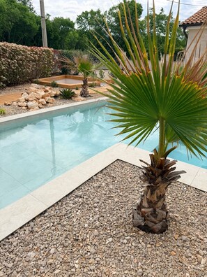 A swimming pool with a palm tree in the foreground, surrounded by pebbles and a stone wall. - Vacation home away from the hustle and bustle (Sveti Ivan Dobrinjski)