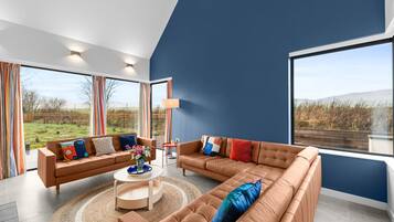 Smart TV, fireplace, books, stereo