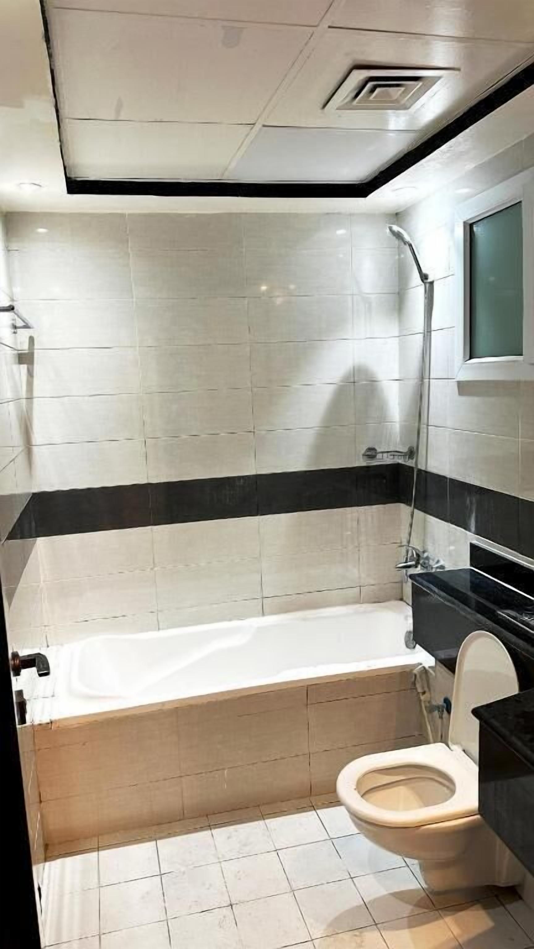 Combined shower/bathtub, toilet paper