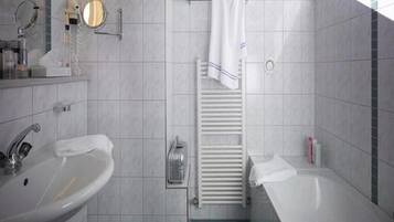 Hair dryer, towels, soap, shampoo