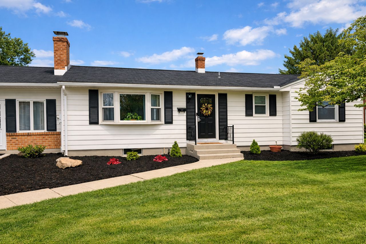A single-story house with a front porch, a brick chimney, and a black front door.