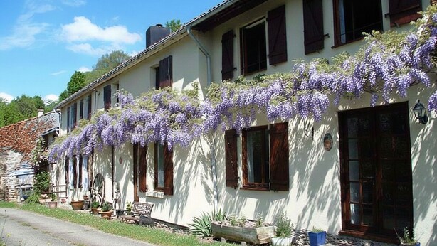 Un edificio tradicional con fachada blanca, contraventanas oscuras y una hilera de ventanas.