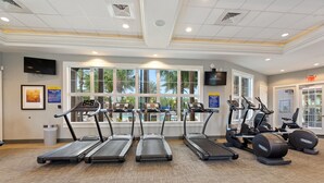 A fitness center with treadmills, elliptical machines, and a large window with a view of palm trees. - 25% Off Luxury Disney Retreat in Solterra (Davenport)