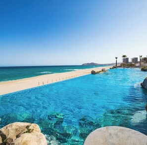 On the beach, sun loungers, beach towels
