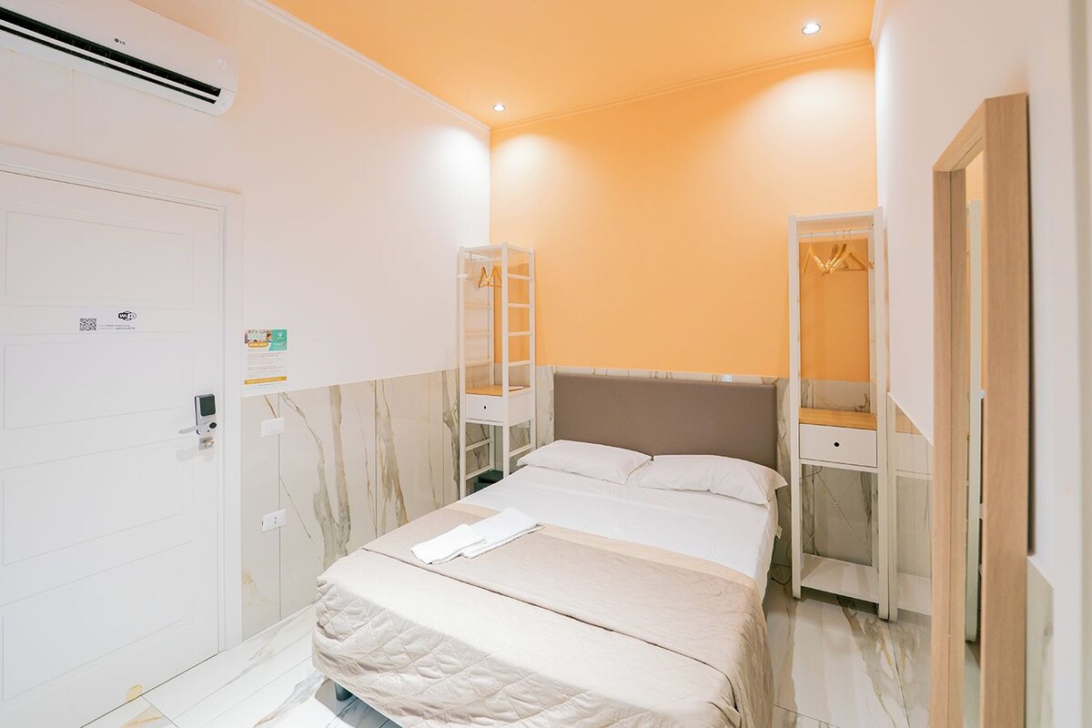 A hotel room with a bed, a wardrobe, a mirror, and an air conditioning unit.