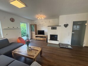 Una televisión, una chimenea