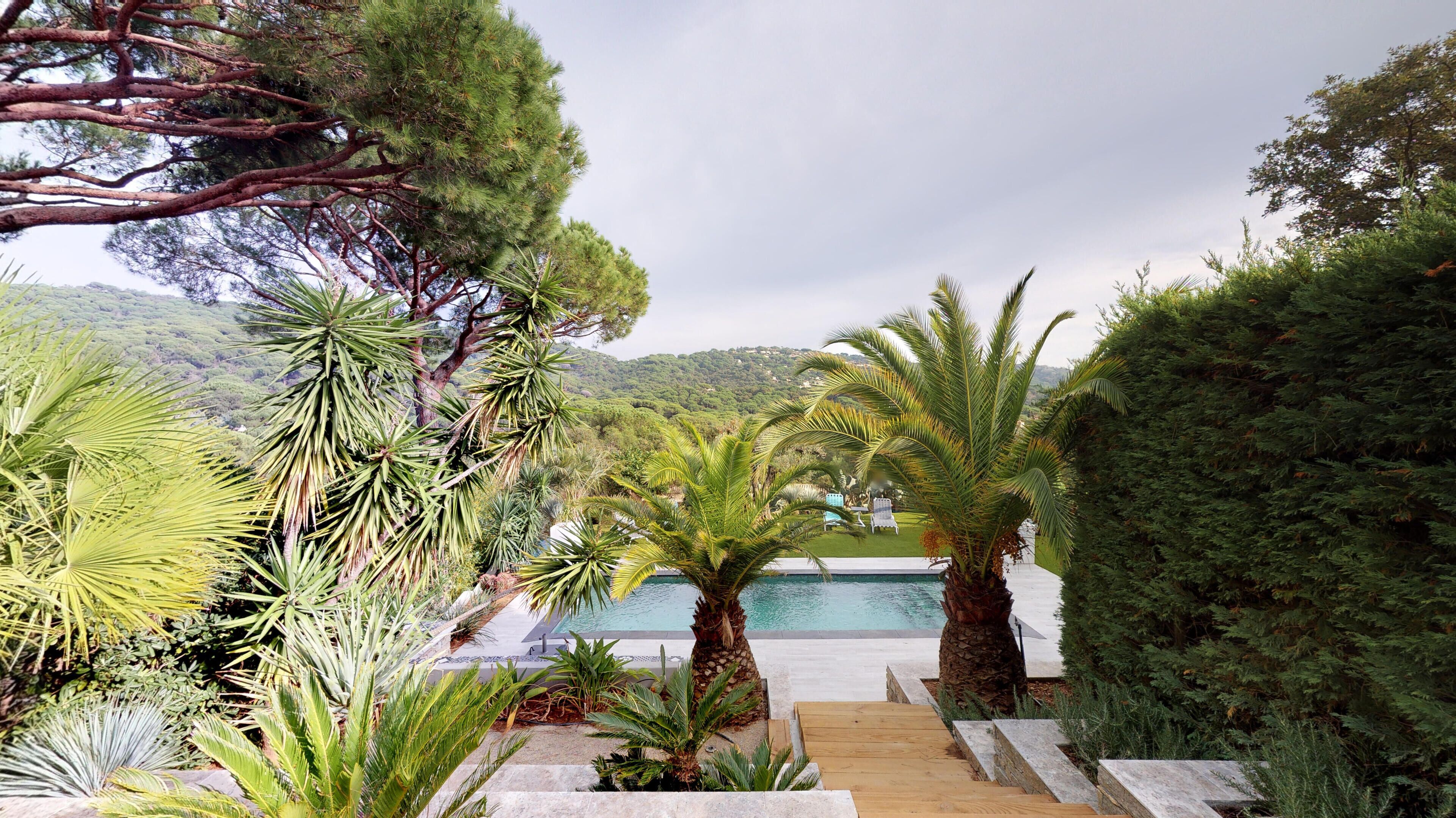 A pool area with a view of a mountainous landscape, surrounded by various types of greenery and trees.