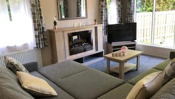 A living room with a sofa, a fireplace, a TV, and a window with curtains.