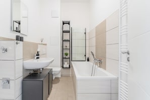 Hair dryer, towels, soap, shampoo