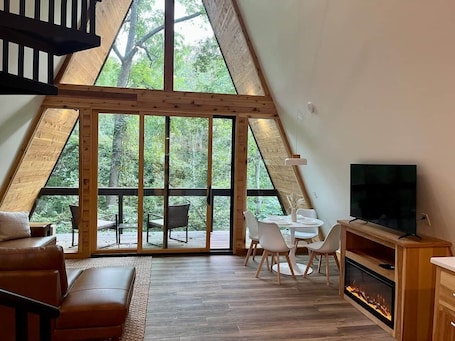 Fireplace. Black Gum Getaway-Cozy Forest A-frame Near Bentonville