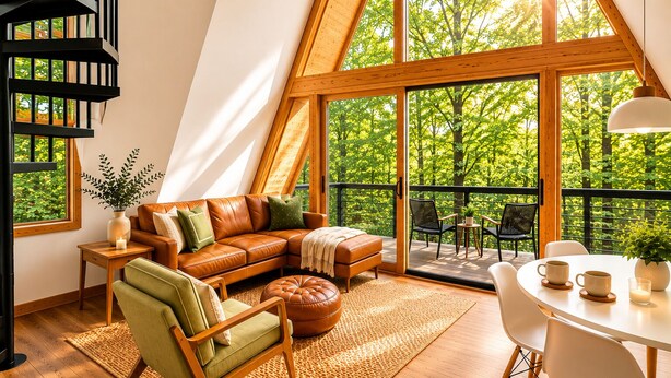 A cozy interior with a leather sofa, a wooden chair, a dining table with chairs, and a staircase. - White Oak Haven-Cozy Forest A-frame near Bentonville (Benton County)
