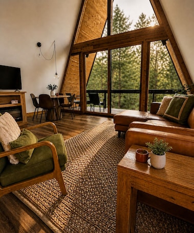 TV, fireplace. Dogwood Den- Cozy Forest A-Frame Near Bentonville