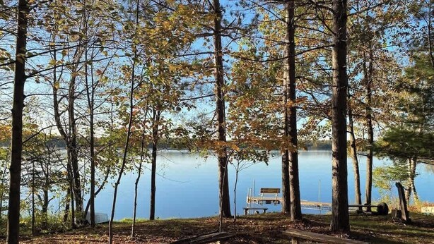 Un campamento junto al lago con fogón, mesa de picnic y banco con vista al agua.