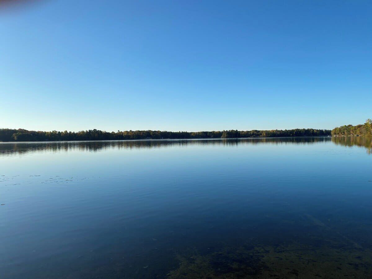 Ein ruhiger See mit klarem Himmel und bewaldeter Uferlinie.