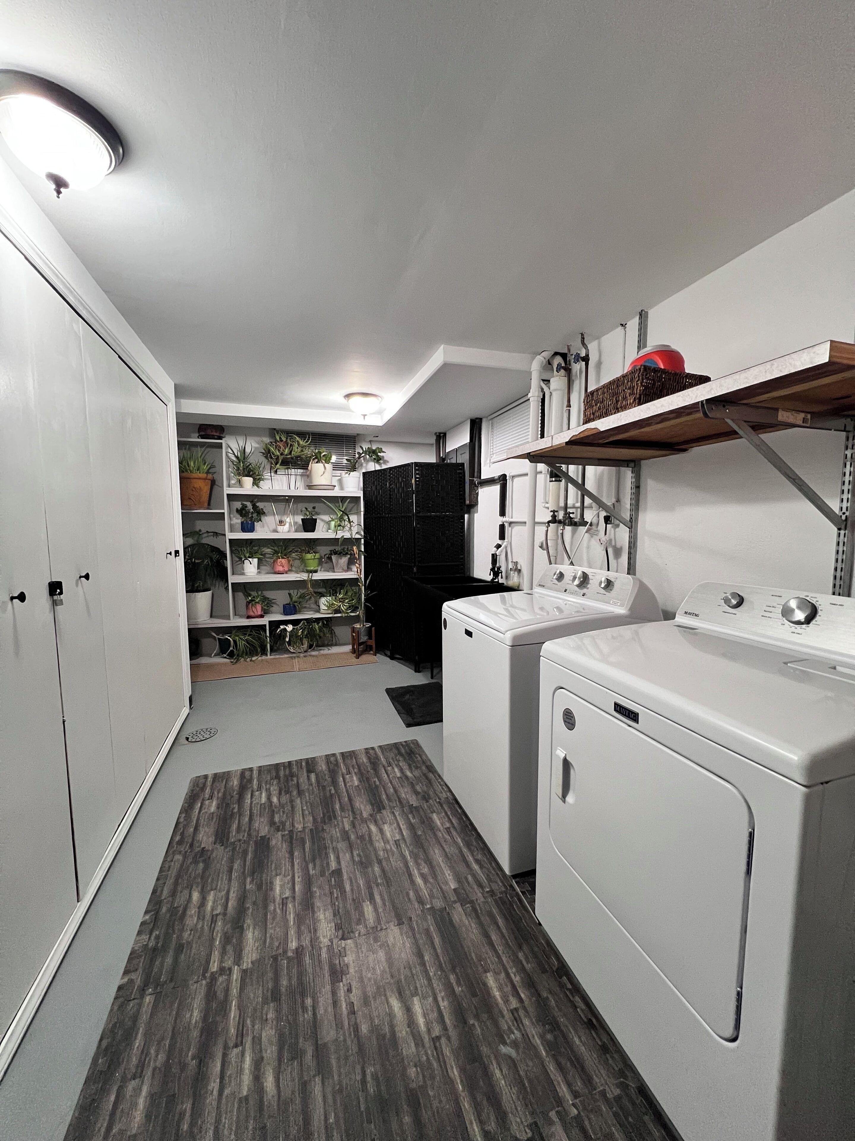 Ein Waschraum mit Waschmaschine und Trockner, einem Regal mit Pflanzen und einem weißen Kleiderschrank.