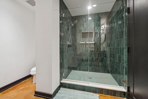 Shower, jetted tub, hair dryer, towels