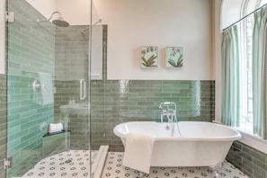 Shower, hair dryer, towels