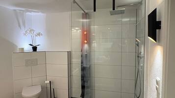 Dusche, Haartrockner, Handtücher, Seife
